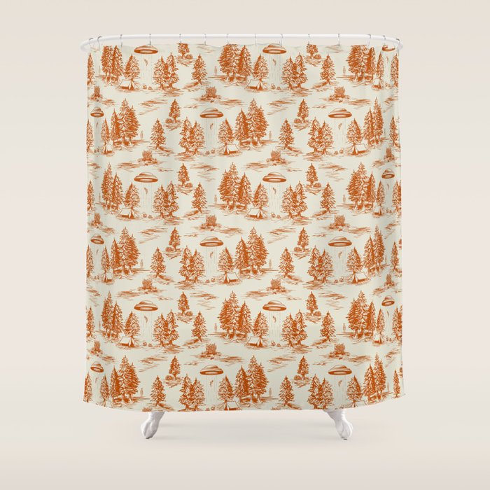 Orange Alien Abduction Toile De Jouy Pattern Shower Curtain Gallery Image 1