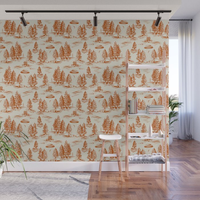 Orange Alien Abduction Toile De Jouy Pattern Wall Mural Gallery Image 1