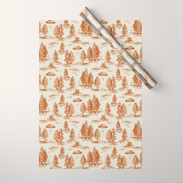 Orange Alien Abduction Toile De Jouy Pattern Wrapping Paper Gallery Image 1
