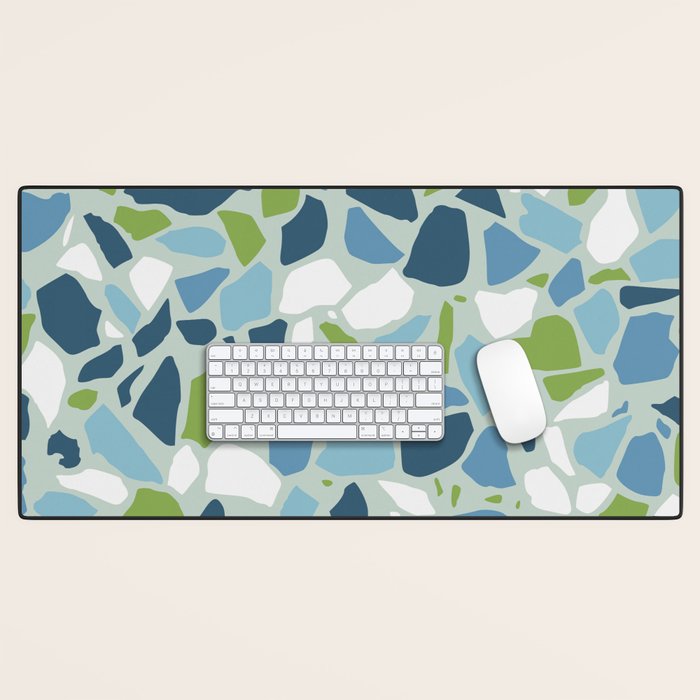 Terrazzo Mosaic Pattern, Teal Blue, Green, White Desk Mat Gallery Image 1