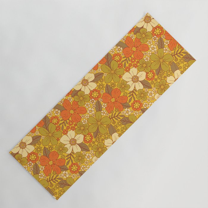 Retro 60s/70s Orange & Olive Green Floral Yoga Mat Gallery Image 1