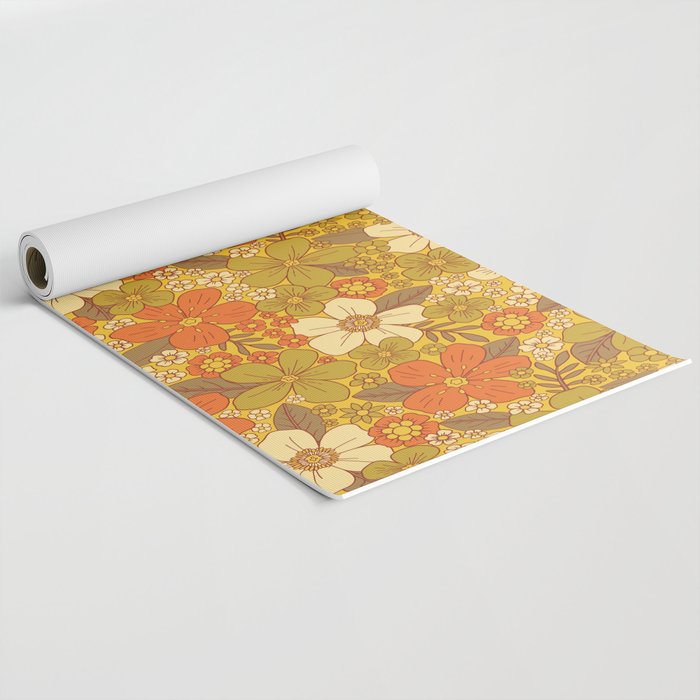 Retro 60s/70s Orange & Olive Green Floral Yoga Mat Gallery Image 2