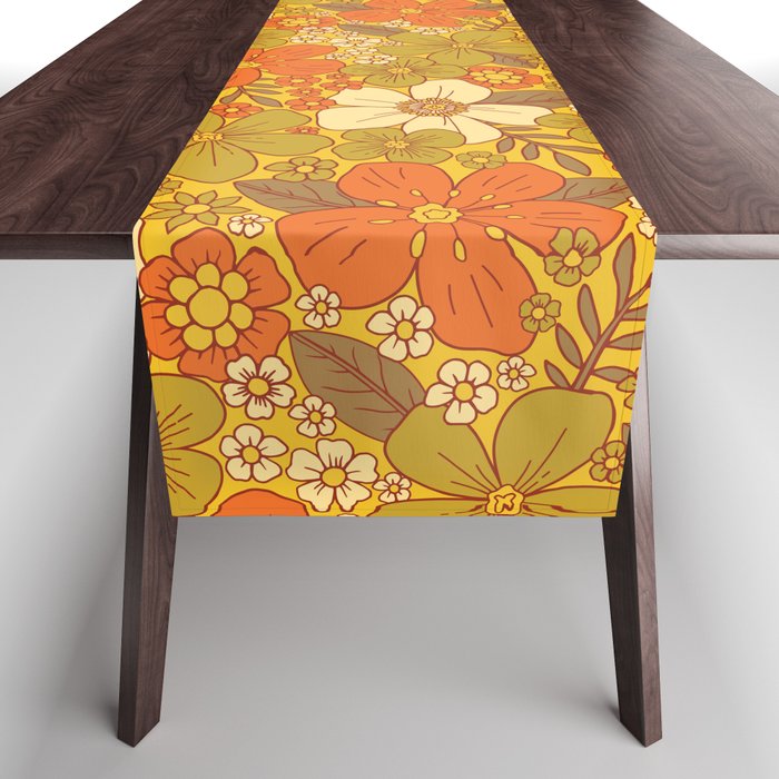 Retro 60s/70s Orange & Olive Green Floral Table Runner Gallery Image 1