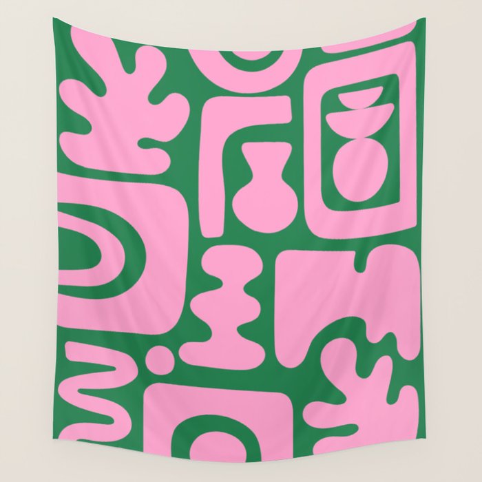 Abstract Green & Pink Decoupage Cutouts Wall Tapestry Gallery Image 1