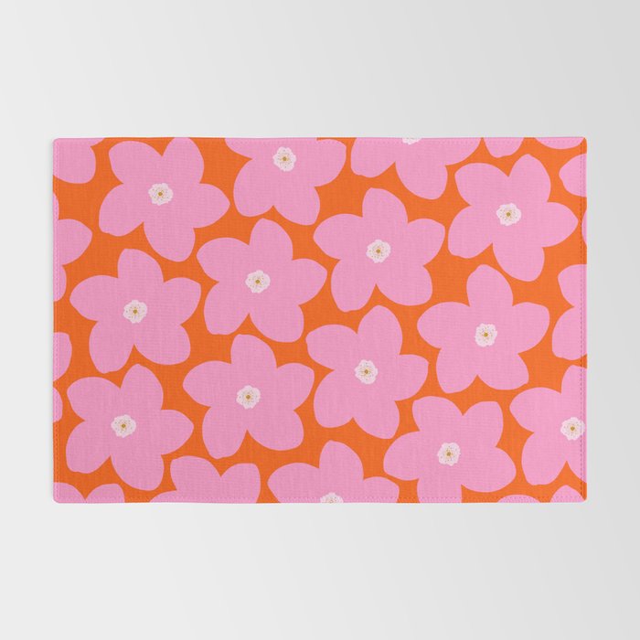 Retro Floral Orange And Pink Print Preppy Decor Abstract Flowers Rug Gallery Image 2