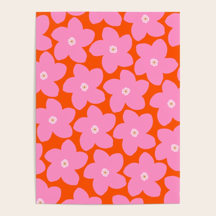 Retro Floral Orange And Pink Print Preppy Decor Abstract Flowers Poster Gallery Image 1