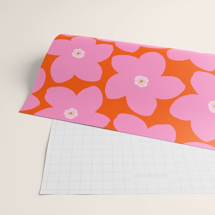 Retro Floral Orange And Pink Print Preppy Decor Abstract Flowers Wrapping Paper Gallery Image 2
