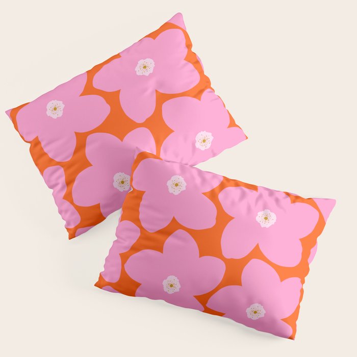Retro Floral Orange And Pink Print Preppy Decor Abstract Flowers Pillow Sham Gallery Image 1