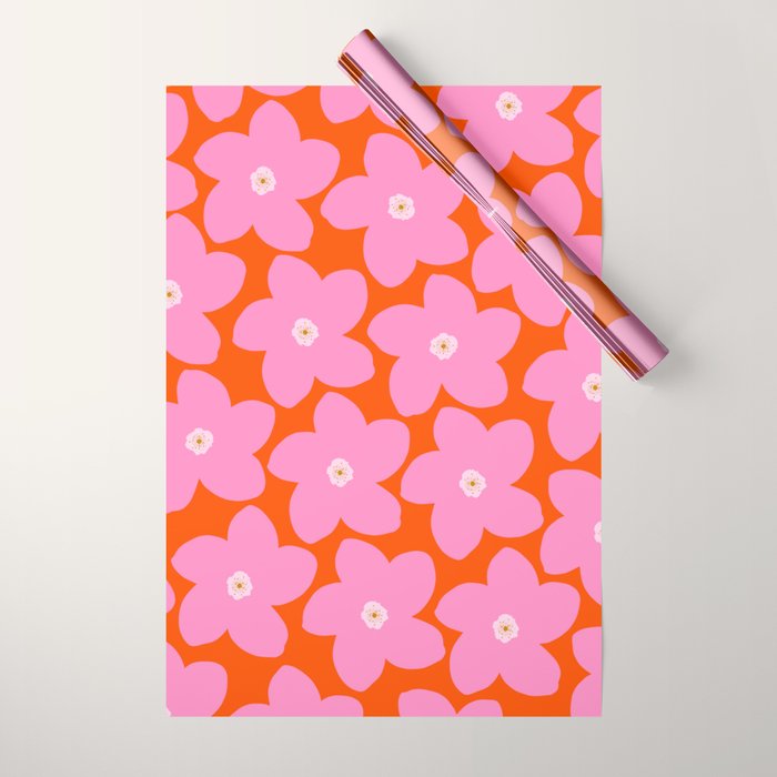 Retro Floral Orange And Pink Print Preppy Decor Abstract Flowers Wrapping Paper Gallery Image 1