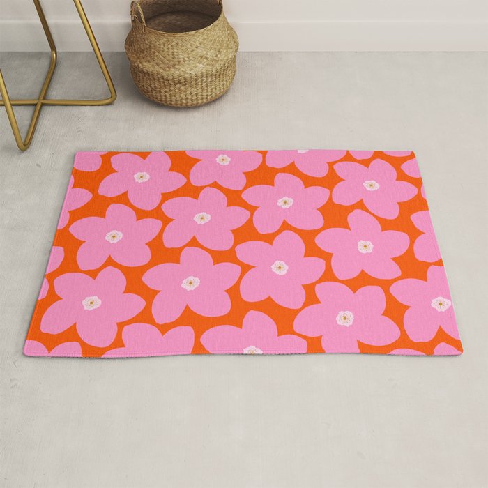 Retro Floral Orange And Pink Print Preppy Decor Abstract Flowers Rug Gallery Image 1