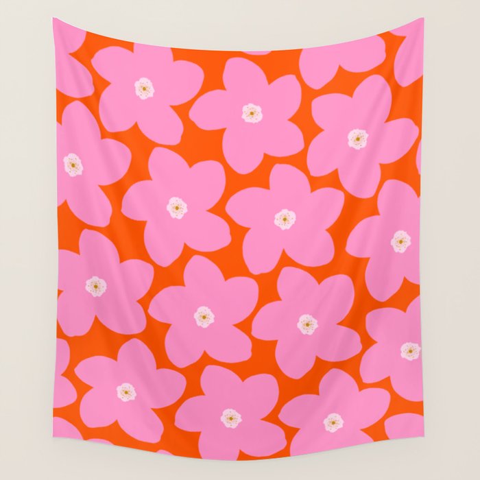 Retro Floral Orange And Pink Print Preppy Decor Abstract Flowers Wall Tapestry Gallery Image 1