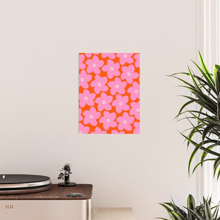 Retro Floral Orange And Pink Print Preppy Decor Abstract Flowers Poster Gallery Image 2