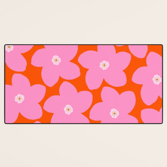 Retro Floral Orange And Pink Print Preppy Decor Abstract Flowers Desk Mat Gallery Image 3
