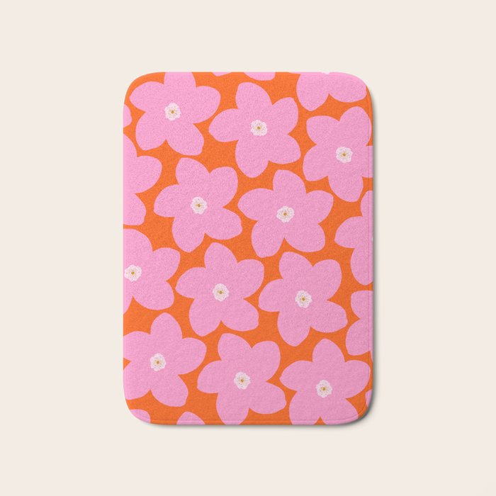 Retro Floral Orange And Pink Print Preppy Decor Abstract Flowers Bath Mat Gallery Image 1