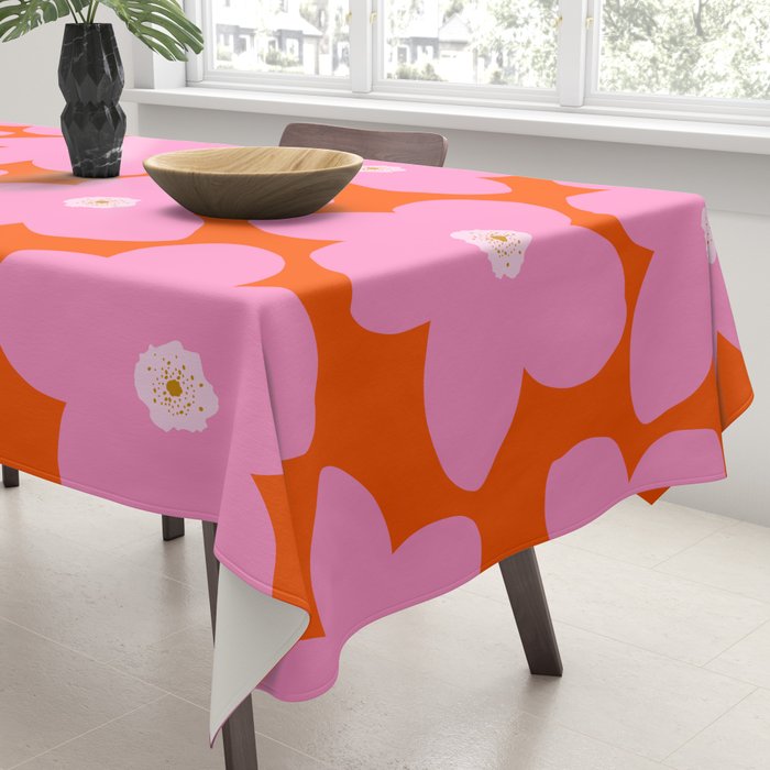 Retro Floral Orange And Pink Print Preppy Decor Abstract Flowers Tablecloth Gallery Image 3