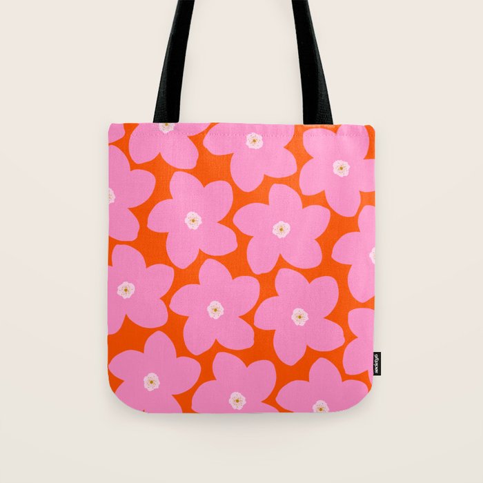 Retro Floral Orange And Pink Print Preppy Decor Abstract Flowers Tote Bag Gallery Image 1