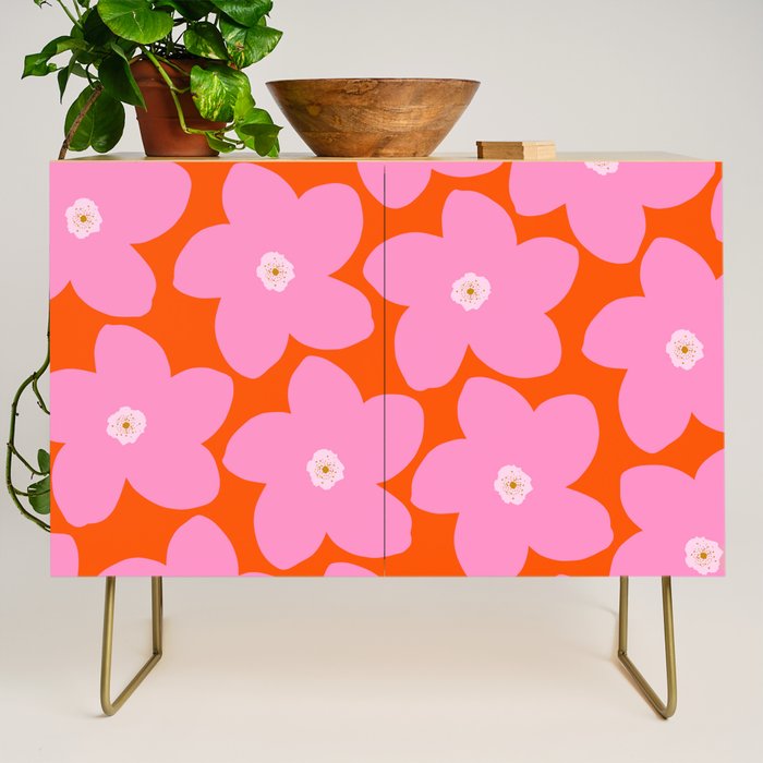 Retro Floral Orange And Pink Print Preppy Decor Abstract Flowers Credenza Gallery Image 1