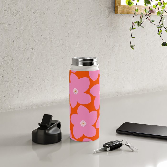 Retro Floral Orange And Pink Print Preppy Decor Abstract Flowers Water Bottle Gallery Image 4