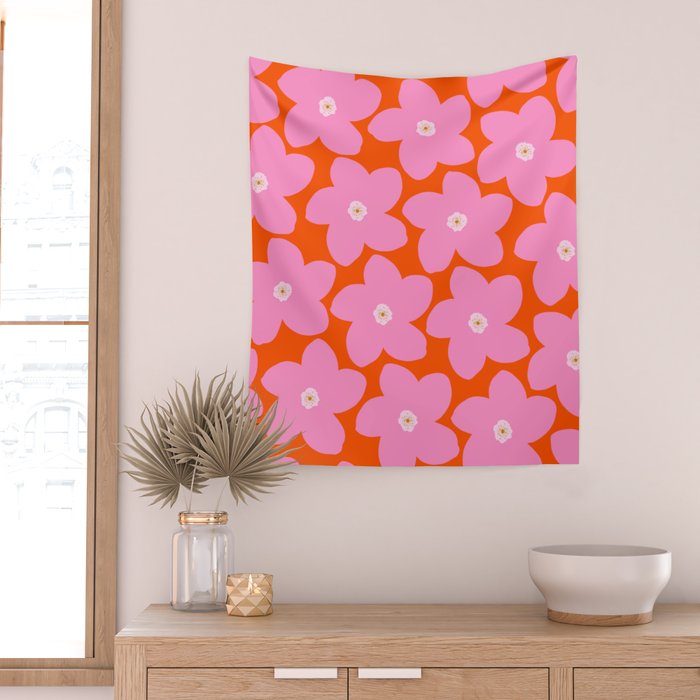 Retro Floral Orange And Pink Print Preppy Decor Abstract Flowers Wall Tapestry Gallery Image 2