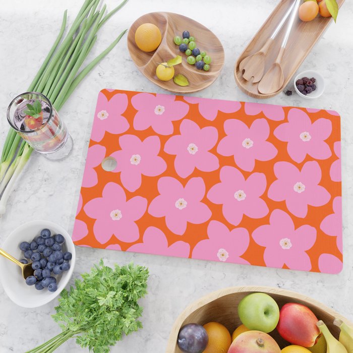 Retro Floral Orange And Pink Print Preppy Decor Abstract Flowers Cutting Board Gallery Image 2
