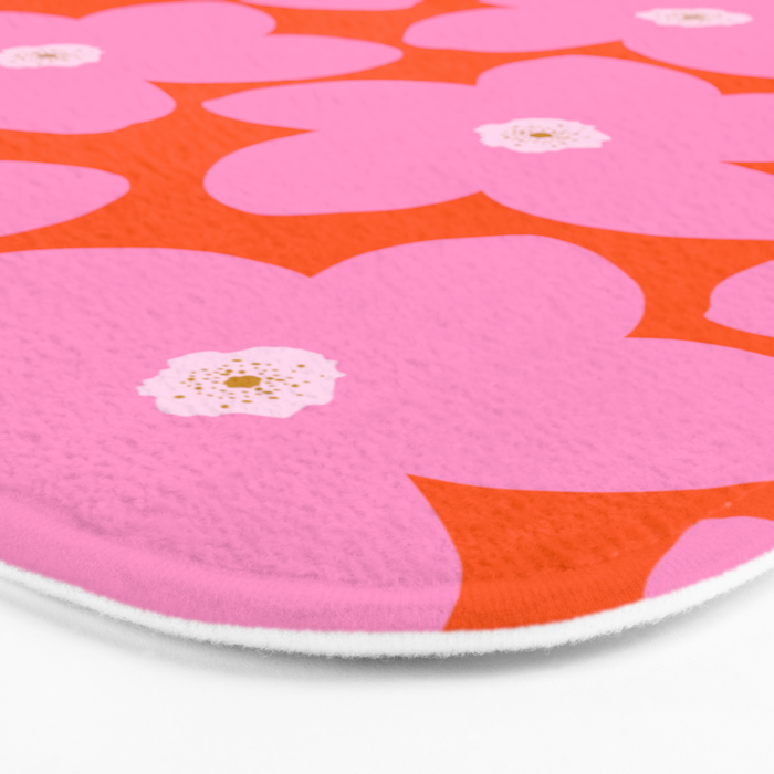 Retro Floral Orange And Pink Print Preppy Decor Abstract Flowers Bath Mat Gallery Image 3