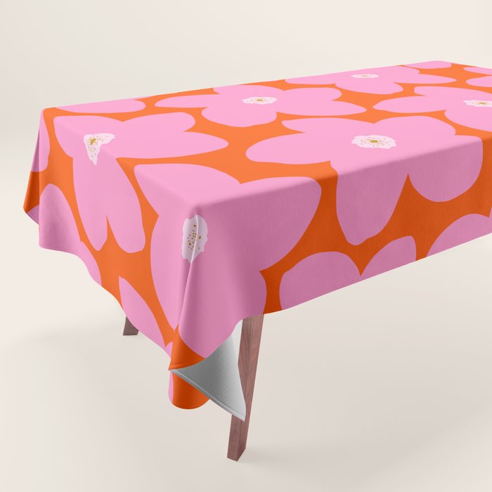 Retro Floral Orange And Pink Print Preppy Decor Abstract Flowers Tablecloth Gallery Image 1
