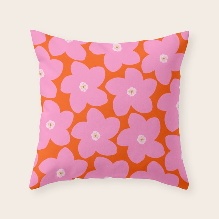 Retro Floral Orange And Pink Print Preppy Decor Abstract Flowers Throw Pillow Gallery Image 1
