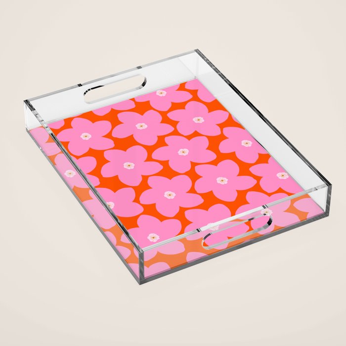 Retro Floral Orange And Pink Print Preppy Decor Abstract Flowers Acrylic Tray Gallery Image 1