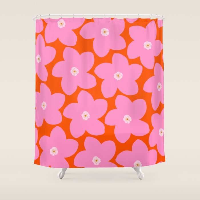 Retro Floral Orange And Pink Print Preppy Decor Abstract Flowers Shower Curtain Gallery Image 1