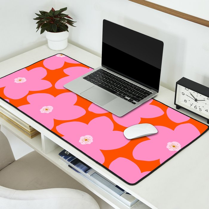 Retro Floral Orange And Pink Print Preppy Decor Abstract Flowers Desk Mat Gallery Image 2