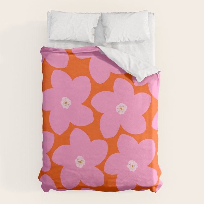Retro Floral Orange And Pink Print Preppy Decor Abstract Flowers Duvet Cover Gallery Image 6