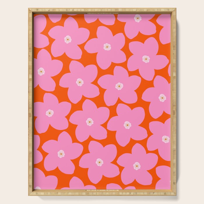 Retro Floral Orange And Pink Print Preppy Decor Abstract Flowers Serving Tray Gallery Image 1