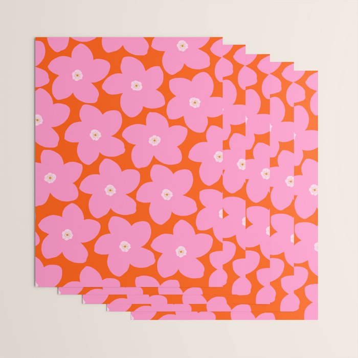 Retro Floral Orange And Pink Print Preppy Decor Abstract Flowers Wrapping Paper Gallery Image 3