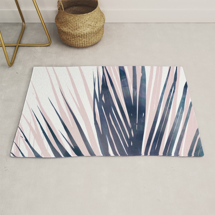 Contemporary Palm Leaf in Navy Blue and Blush Pink Rug Gallery Image 1