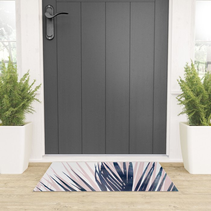 Contemporary Palm Leaf in Navy Blue and Blush Pink Welcome Mat Gallery Image 3