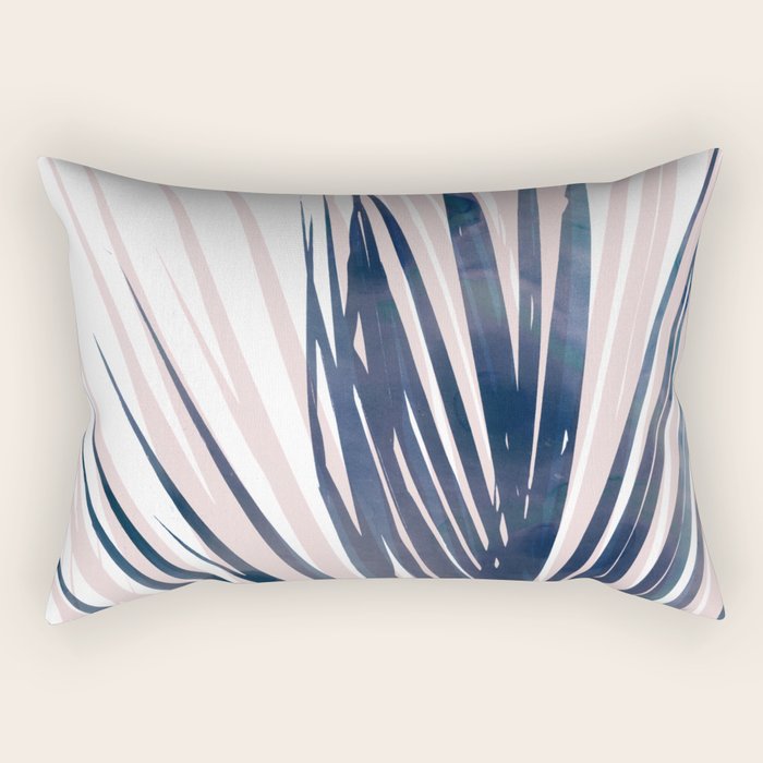 Contemporary Palm Leaf in Navy Blue and Blush Pink Rectangular Pillow Gallery Image 1