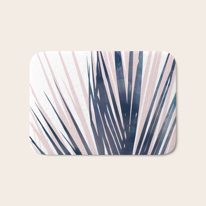Contemporary Palm Leaf in Navy Blue and Blush Pink Bath Mat Gallery Image 1