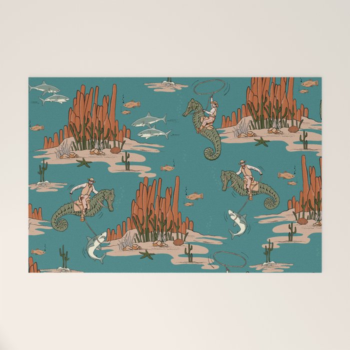 Quirky Western Cowboys on Seahorses Roping Sharks Welcome Mat Gallery Image 1