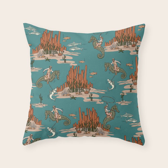 Quirky Western Cowboys on Seahorses Roping Sharks Throw Pillow Gallery Image 6