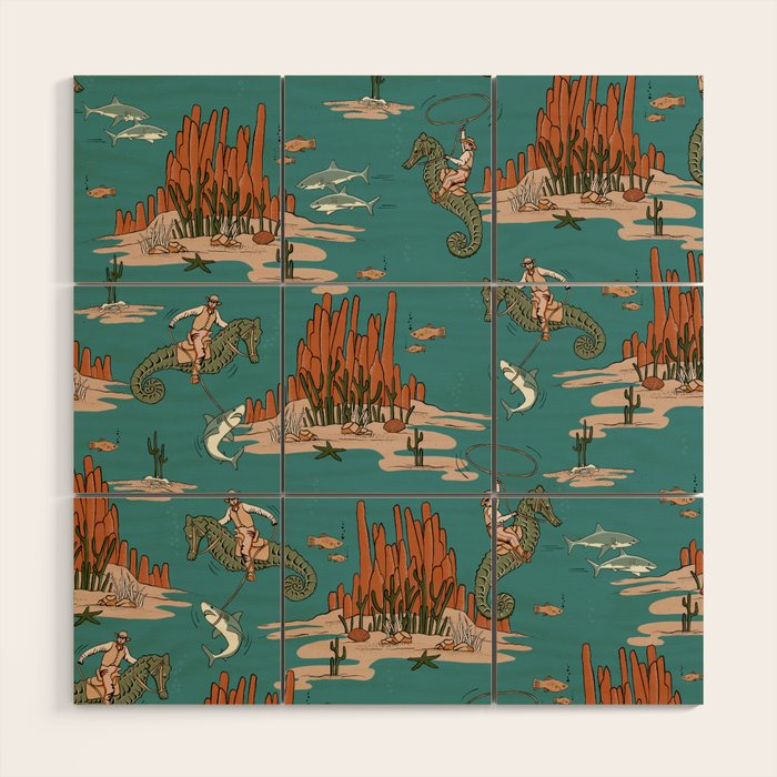 Quirky Western Cowboys on Seahorses Roping Sharks Wood Wall Art Gallery Image 1