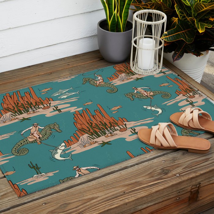 Quirky Western Cowboys on Seahorses Roping Sharks Outdoor Rug Gallery Image 2