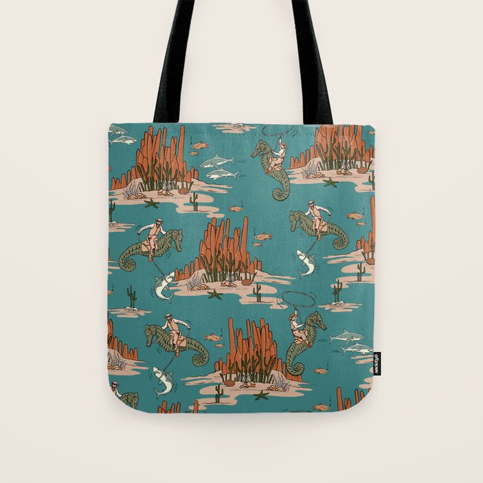 Quirky Western Cowboys on Seahorses Roping Sharks Tote Bag Gallery Image 1