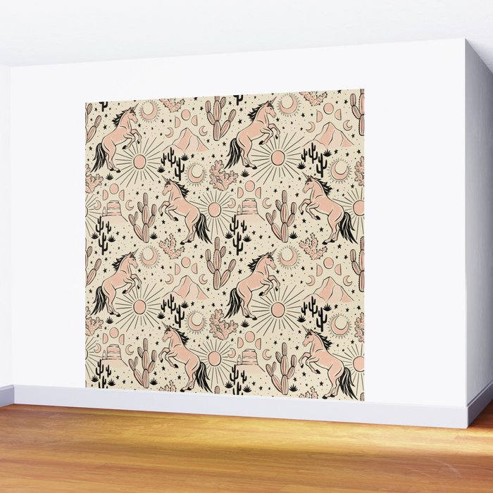 Desert Unicorn - Black, peach pink, and cream Wall Mural Gallery Image 2