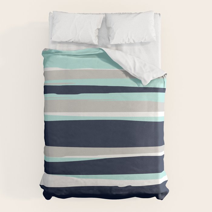 Ocean, Stripe Abstract Pattern, Navy, Aqua, Gray Duvet Cover Gallery Image 6