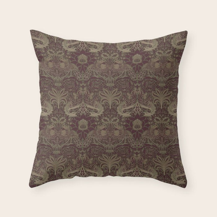 William Morris Peacock and Dragon Moss Wine Throw Pillow Gallery Image 6