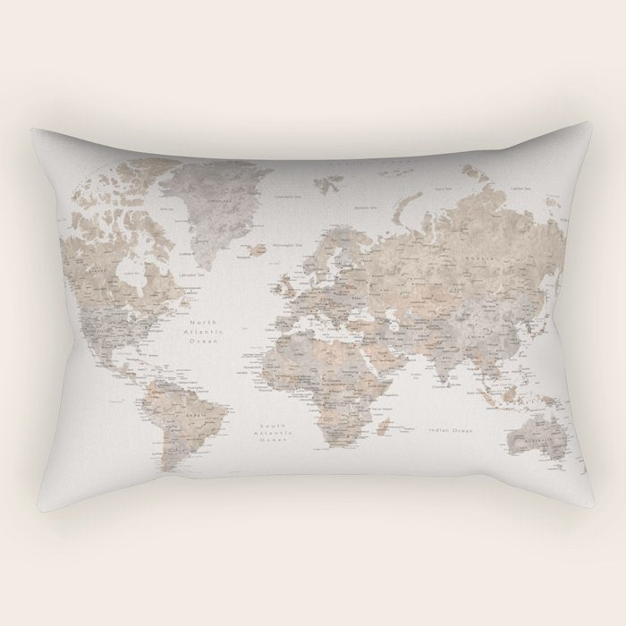 World map with cities in brown and light gray Rectangular Pillow Gallery Image 1
