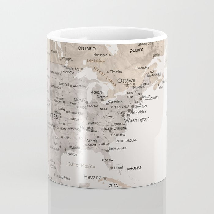 World map with cities in brown and light gray Coffee Mug Gallery Image 4