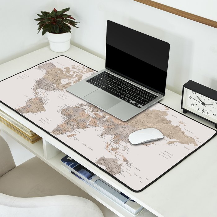 World map with cities in brown and light gray Desk Mat Gallery Image 2