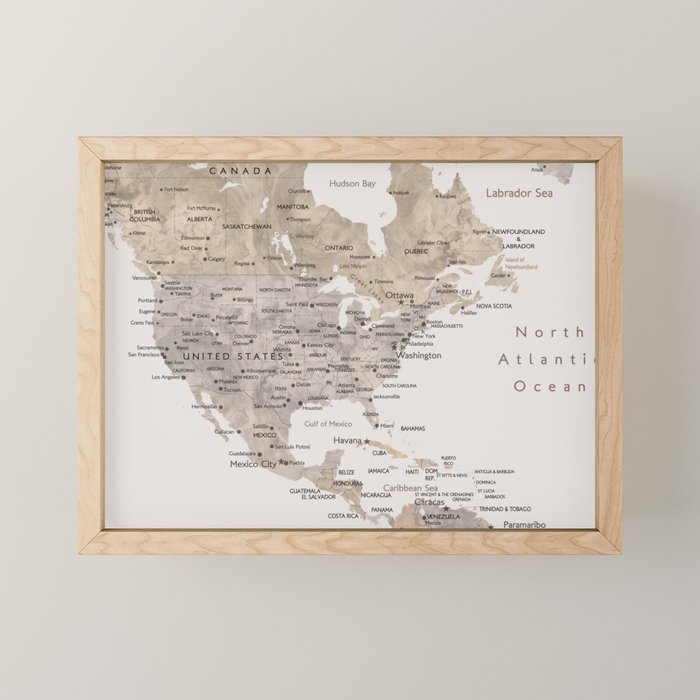 World map with cities in brown and light gray Mini Art Print Gallery Image 1