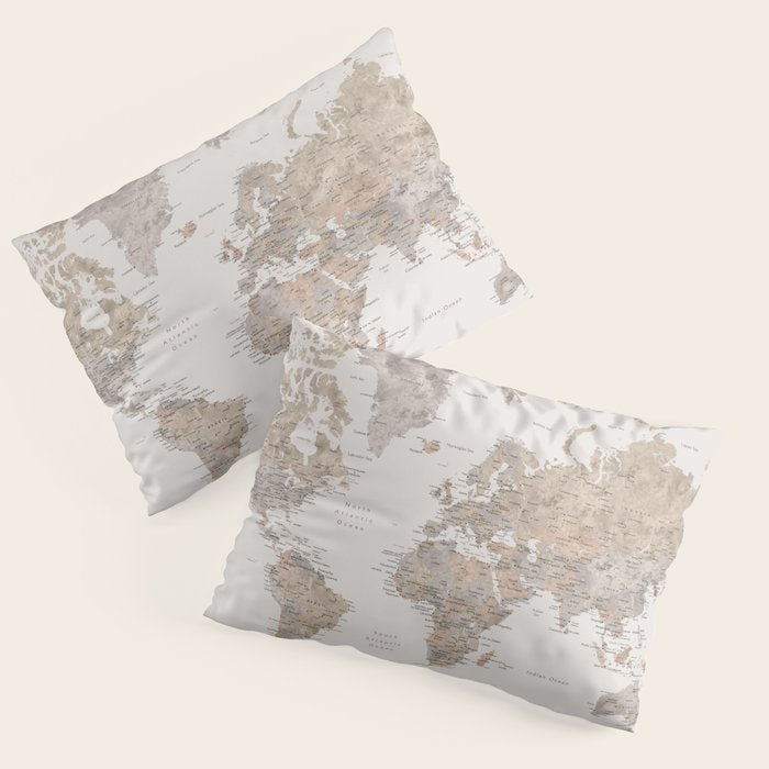 World map with cities in brown and light gray Pillow Sham Gallery Image 3